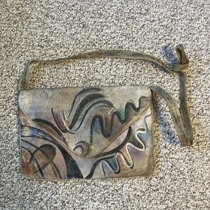 Vintage Sam Sam Hand Painted Leather Crossbody Bag Shoulder Purse Artsy Colorful
